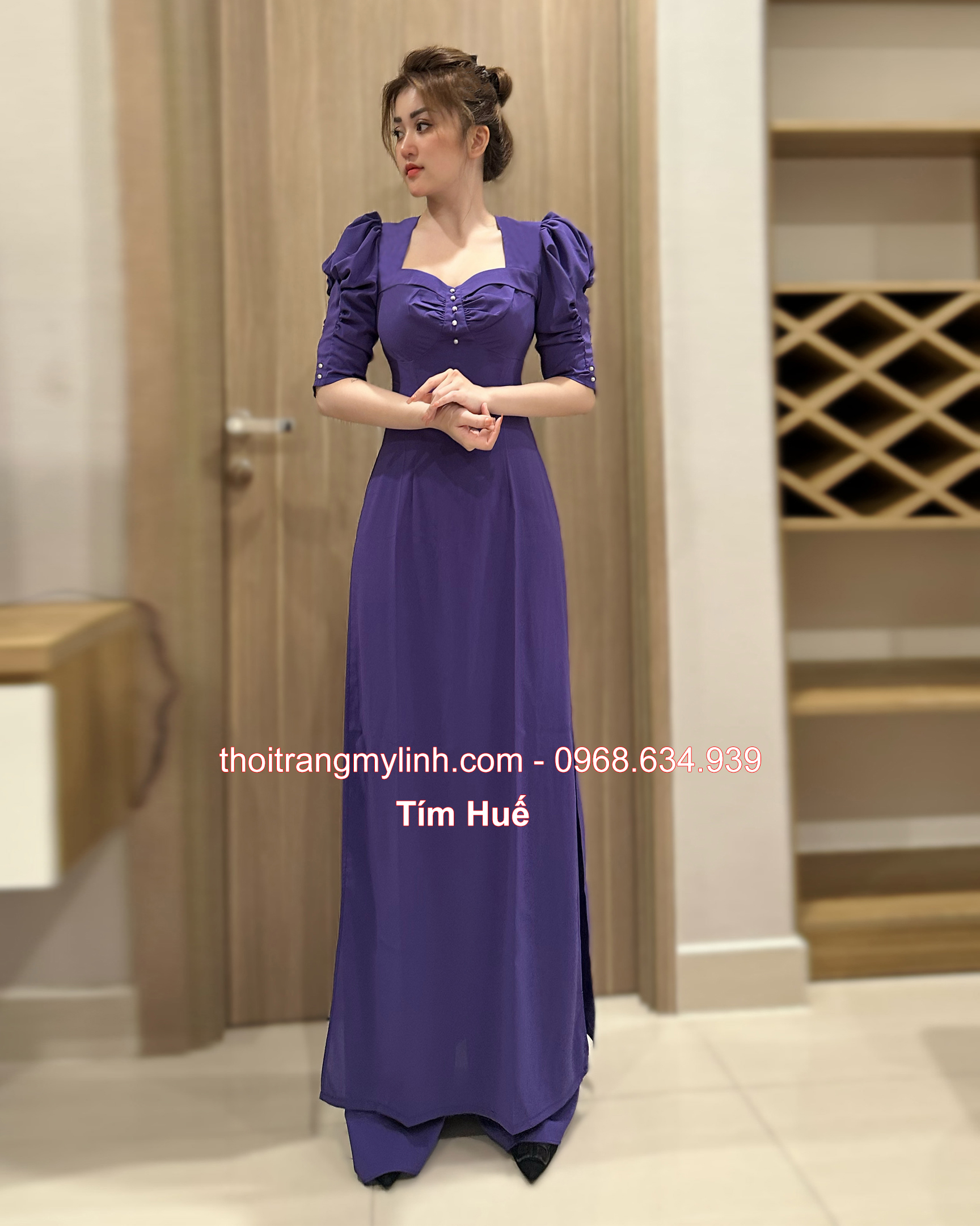 ÁO DÀI ĐÍNH NGỌC TRAI TAY PHỒNG, LỠ MÀU TÍM HUẾ
